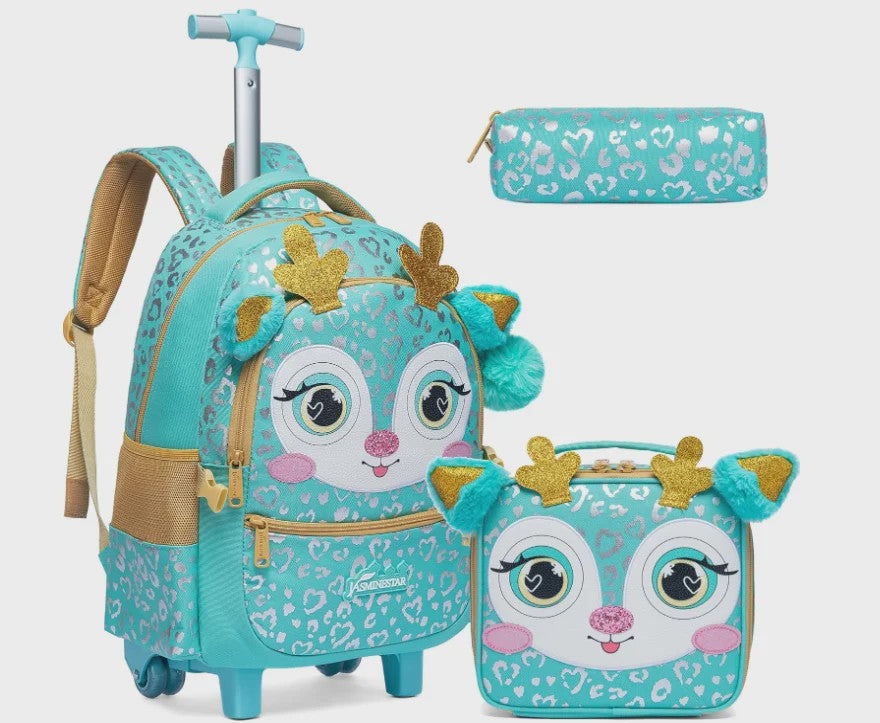 3-delige Kinder Trolley Rugzak Set met Wieltjes, Lunchtas en Etui - Meisjes