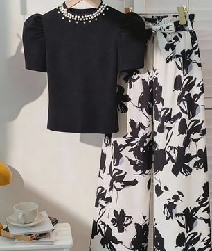 Zomerse Outfit Set Meisjes: Zwart T-shirt met Pareldecoratie & Bloemige Wijde Broek - 2-delig Pak voor Kinderen & Tieners (5-13 jaar)