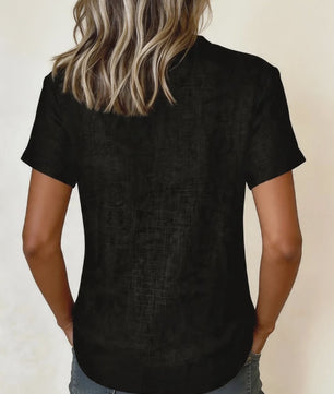 Dames Casual Linnenlook Blouse met Korte Mouwen en Henley Hals - Zomerse Relaxed Fit Top