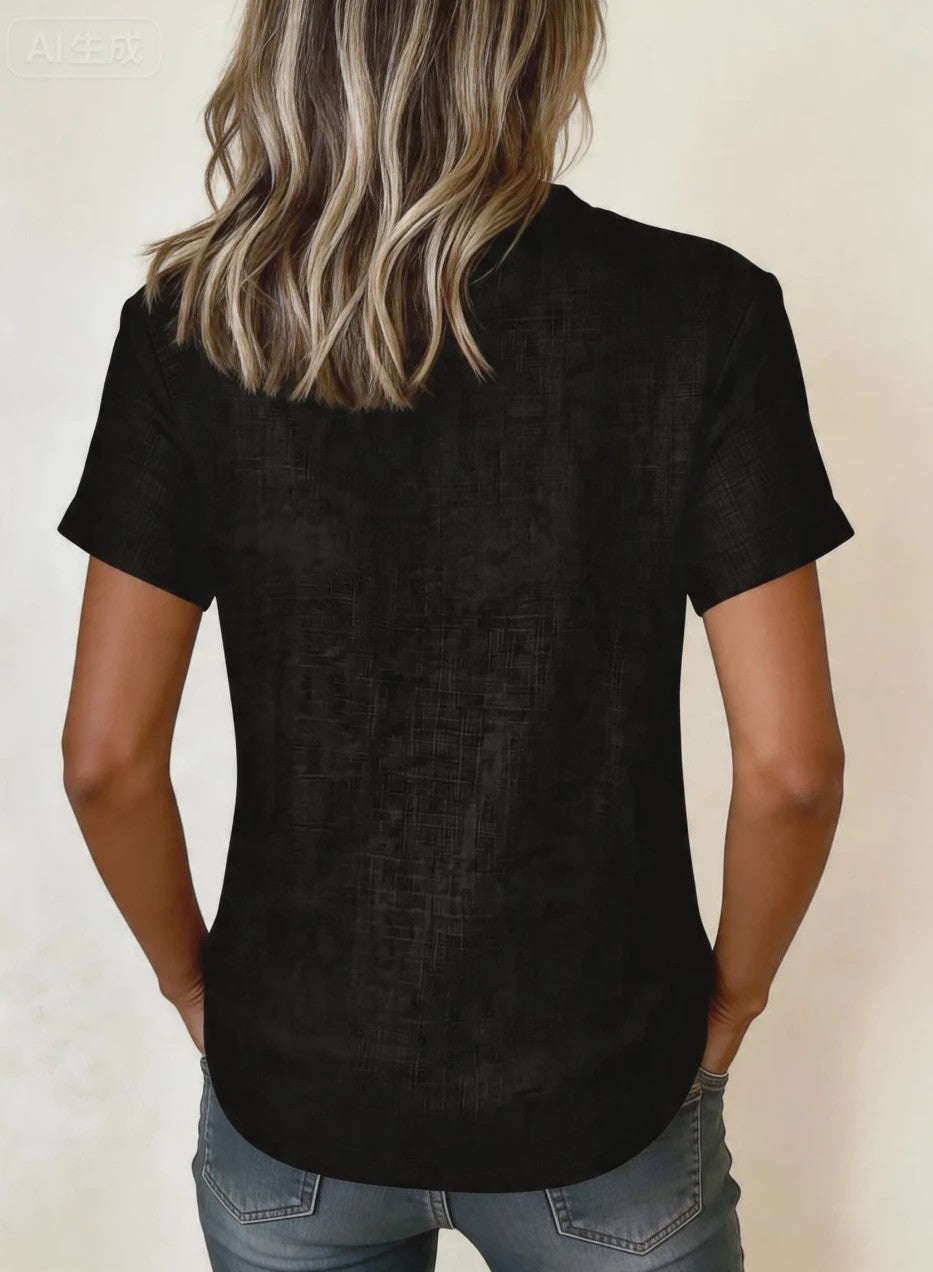 Dames Casual Linnenlook Blouse met Korte Mouwen en Henley Hals - Zomerse Relaxed Fit Top