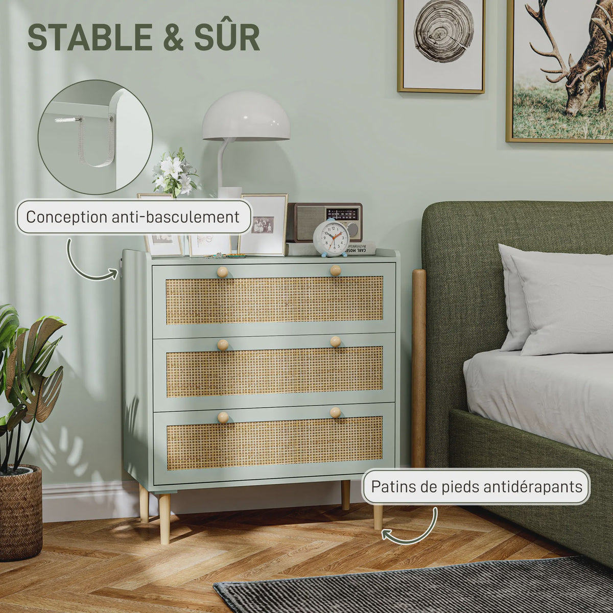 Bohemian Commode met 3 Lades - Rotan Look & Houten Frame - Stijlvolle Slaapkamer Opbergkast