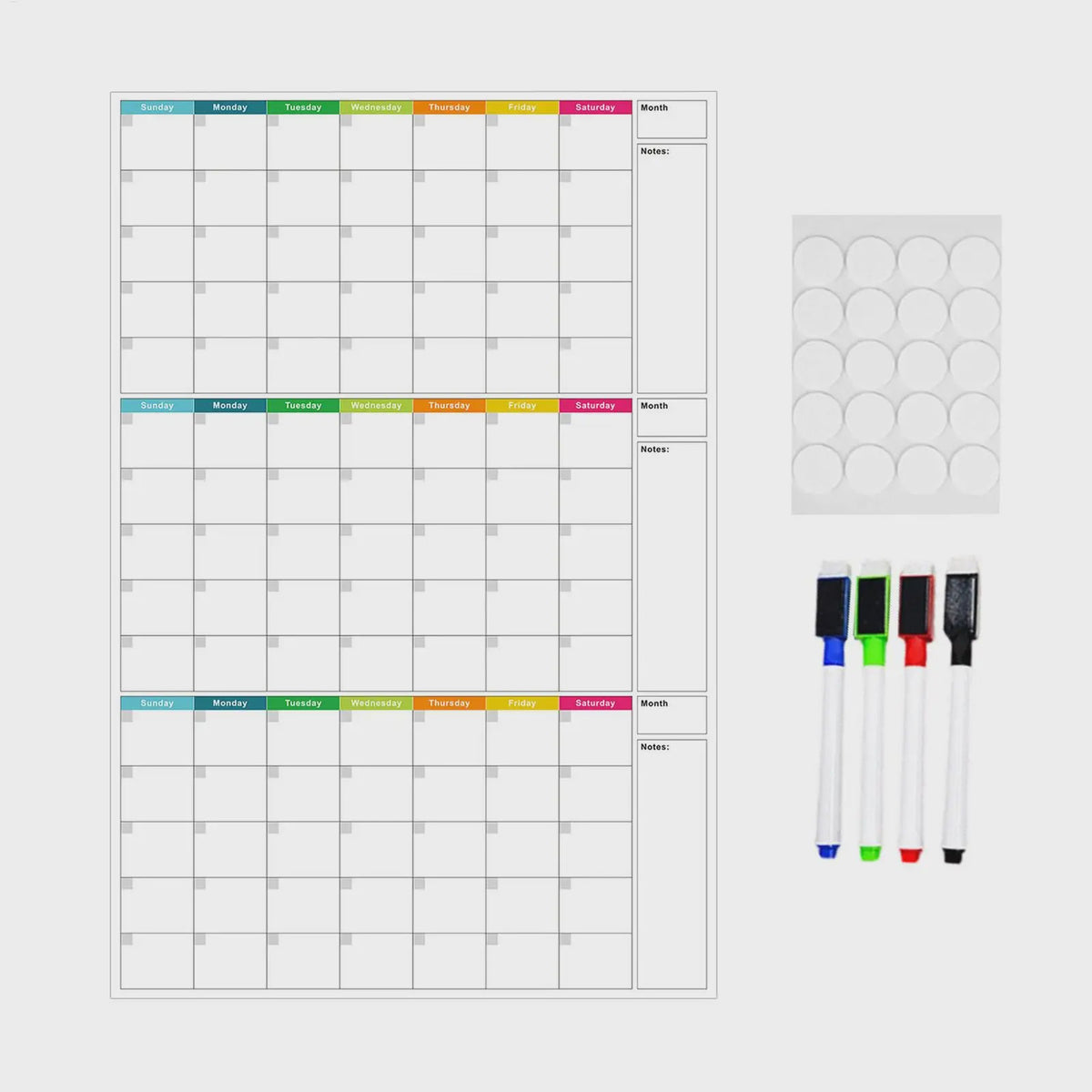 Herbruikbare Driemaanden Whiteboard Kalender & Planbord - OngeДата Wandplanner met 4 Markers