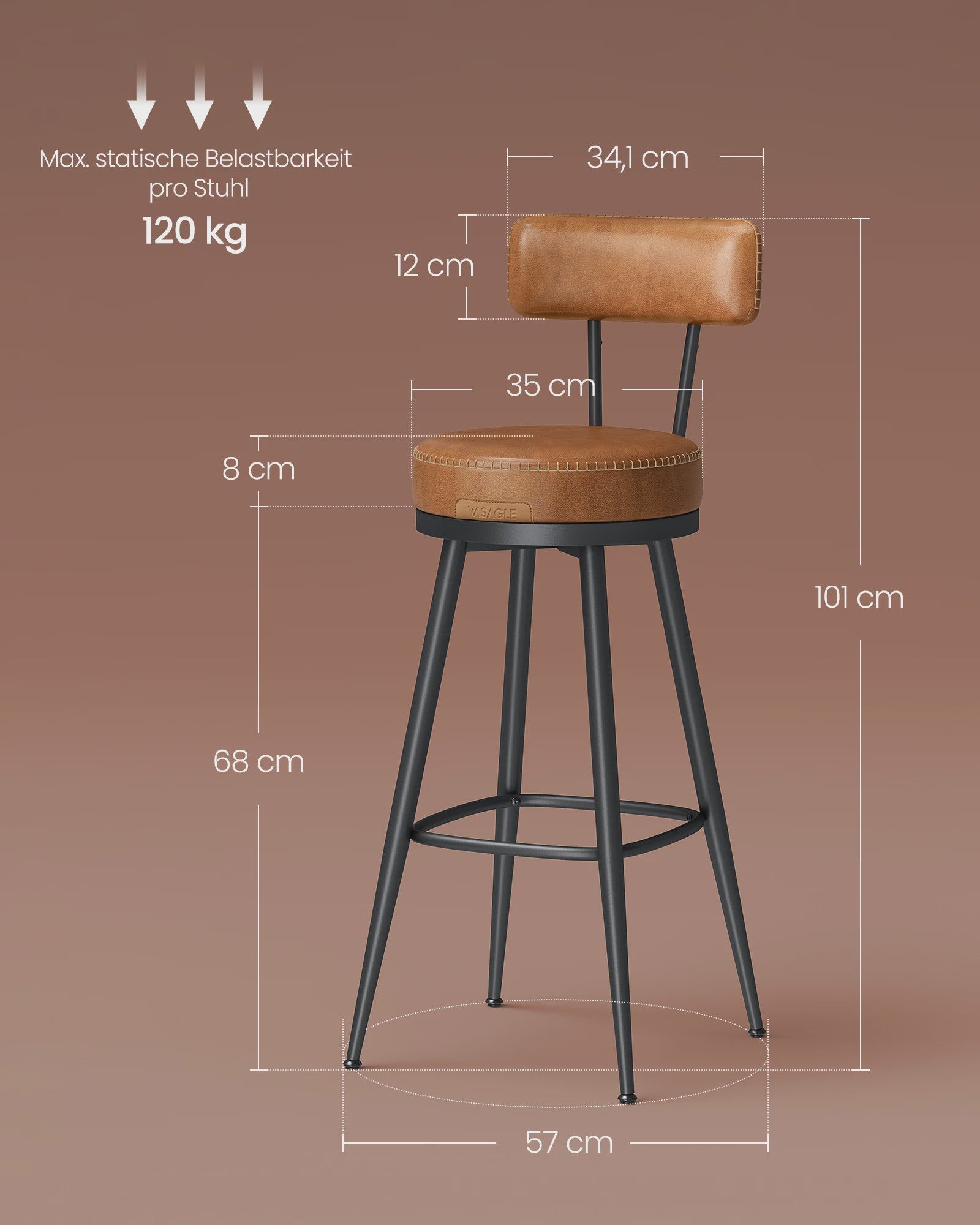 Set van 2 Bruine Barstoelen met Rugleuning en Draaibare Zitting - Kunstleer