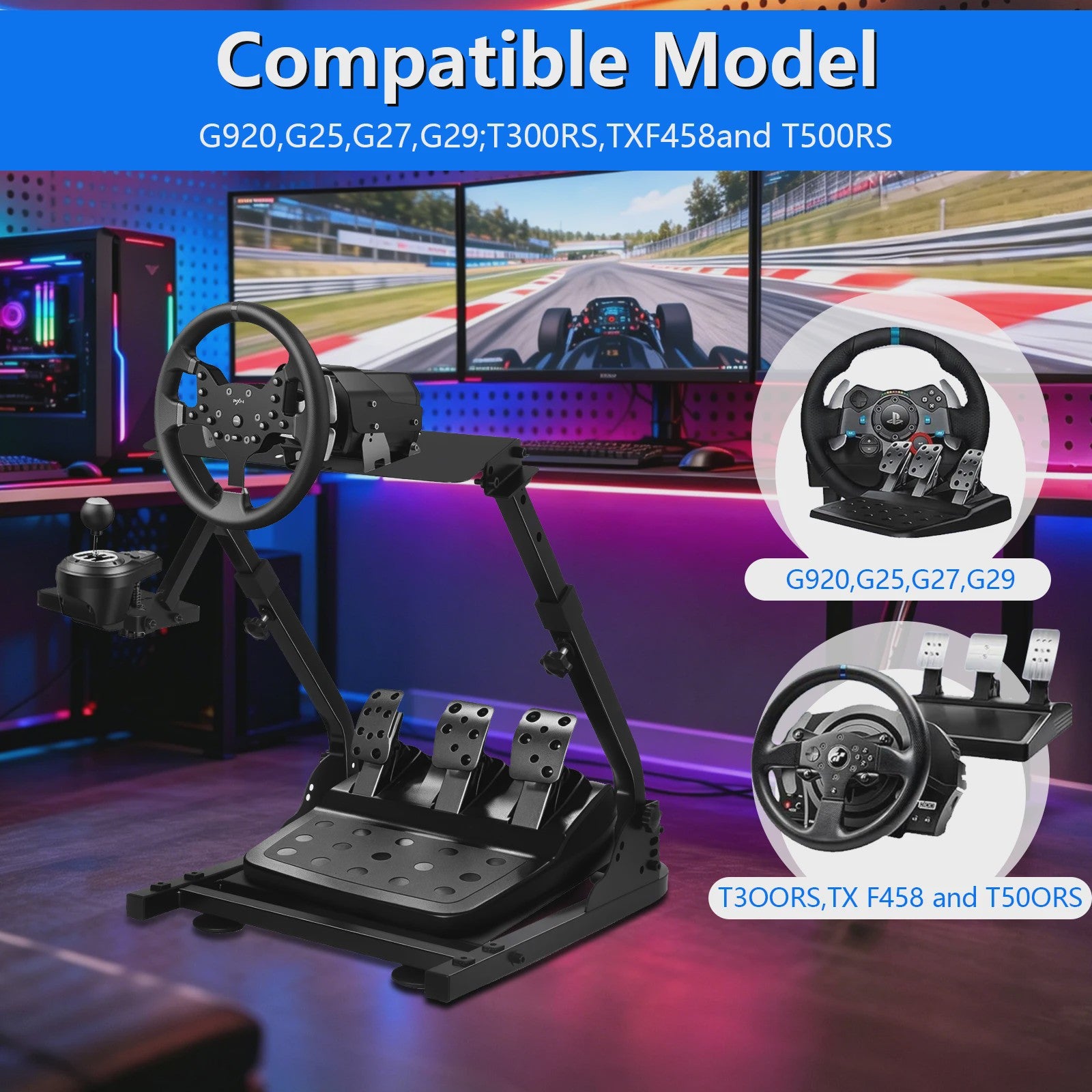 Opvouwbare Racing Wheel Stand van Carbon Staal met Shifter Mount - Compatibel met Logitech & Thrustmaster