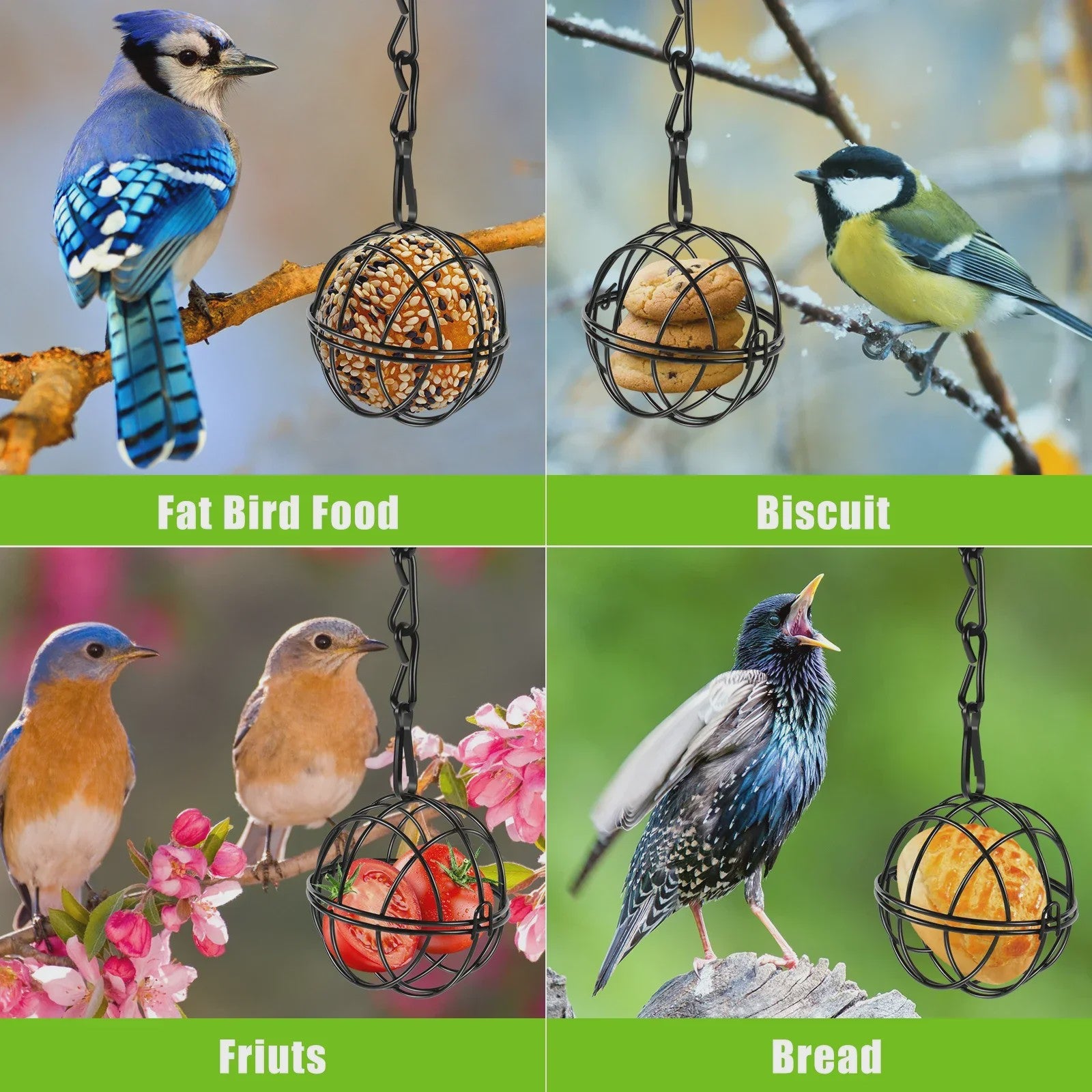 Set van 4 Metalen Vogelvoer Bollen Houders met Ketting - Eekhoornbestendig
