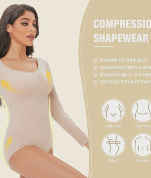 POKARLA Spandex Elastic Body Suit Shapewear Women Body Shaper Tummy Control Long Sleeve Open Crotch Round Neck Seamless Shapers