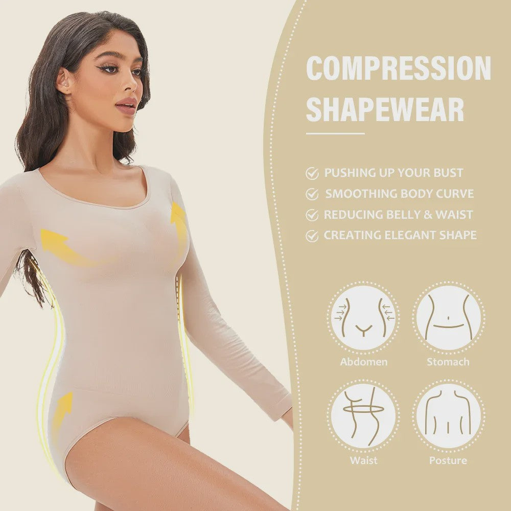 POKARLA Spandex Elastic Body Suit Shapewear Women Body Shaper Tummy Control Long Sleeve Open Crotch Round Neck Seamless Shapers