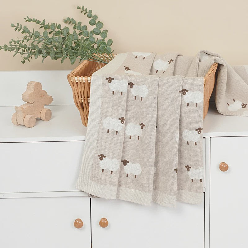 Zachte Gebreide Katoenen Baby Deken - 90x70cm - Schapenprint - Wieg, Kinderwagen