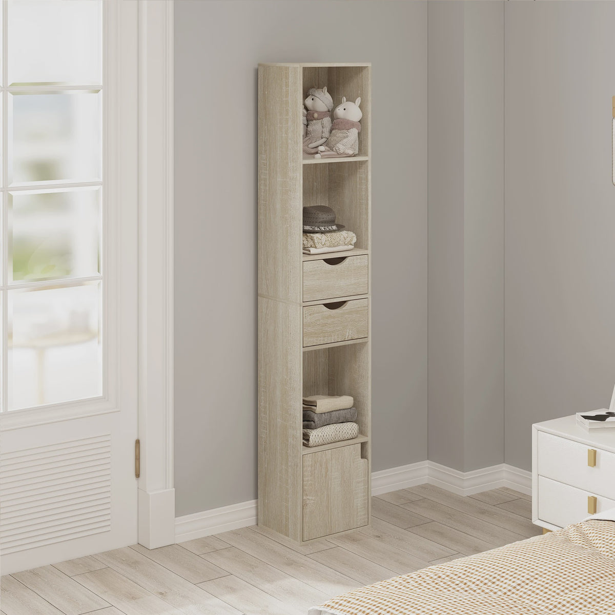 Hoge Smalle Boekenkast met Lades en Deur - Stijlvolle Opbergkast voor Woonkamer & Kantoor (158cm)