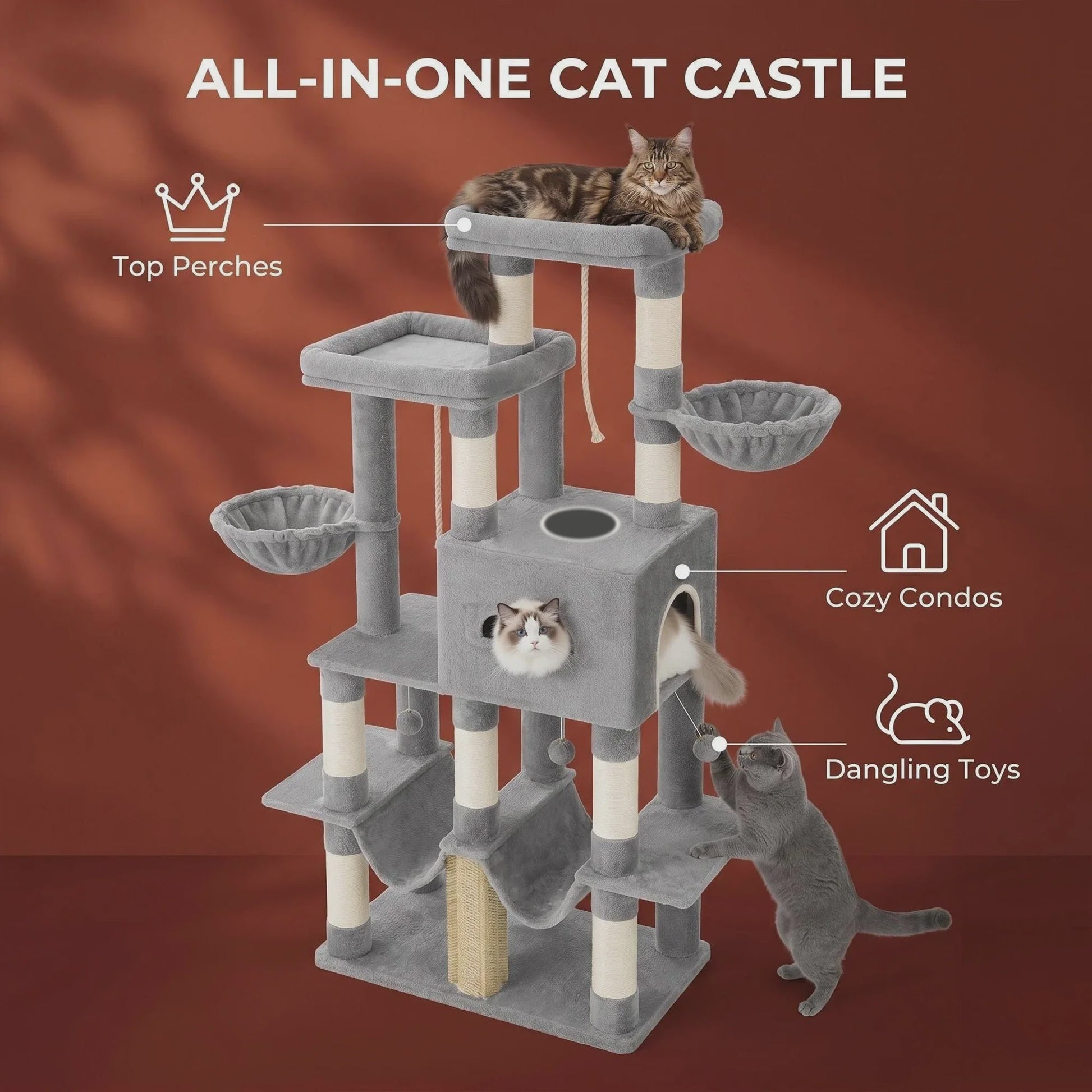 Grote Kattenboom 170 cm - Multi-Level Krabpaal met Ruim Zitplateau & Wasbare Mat - Geschikt voor Maine Coons