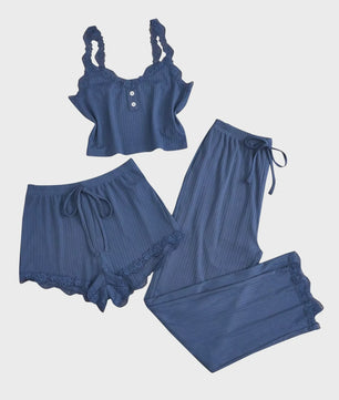 Dames 3-delige Pyjamaset met Kant - Zomer Vest, Shorts & Lange Broek