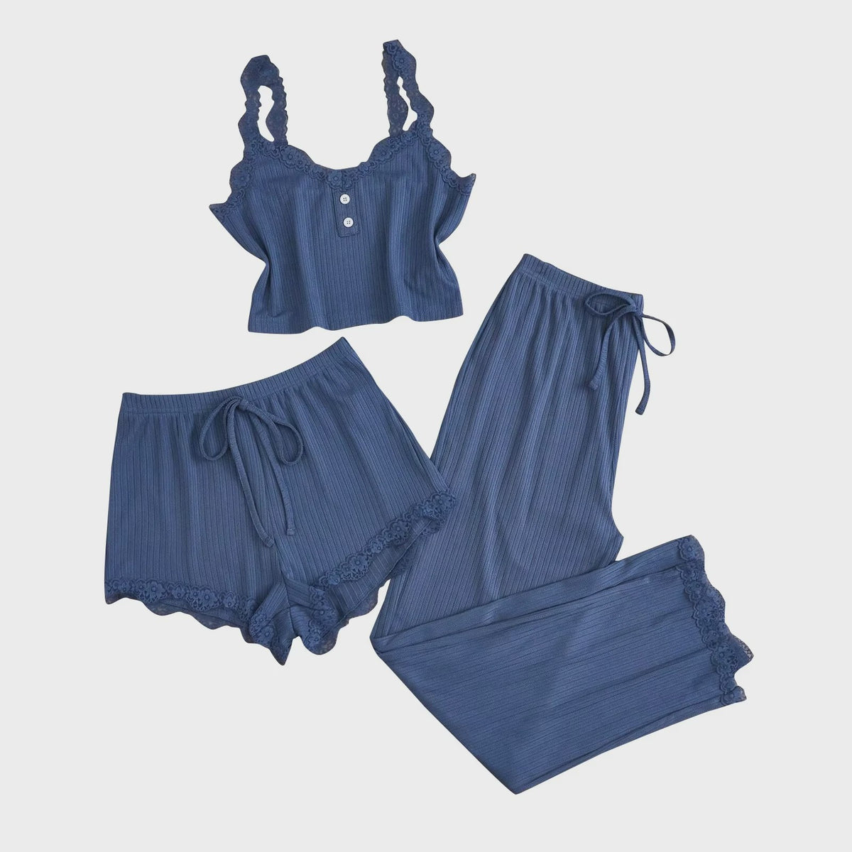 Dames 3-delige Pyjamaset met Kant - Zomer Vest, Shorts & Lange Broek