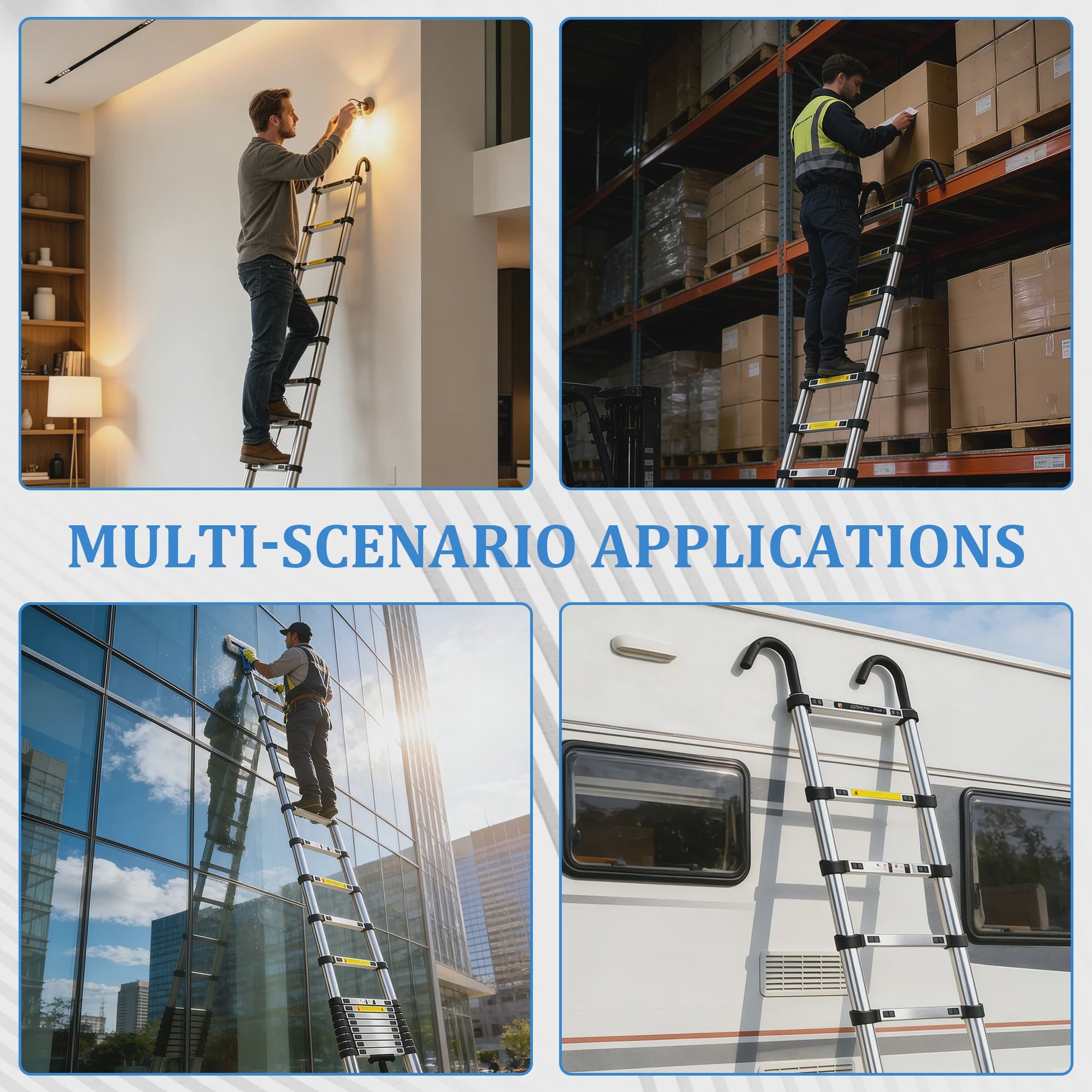 2.6M-6.3M Telescopische Ladder van Roestvrij Staal met Afneembare Haken & Stabilisator Bar - EN131 Gecertificeerd, 150kg Max