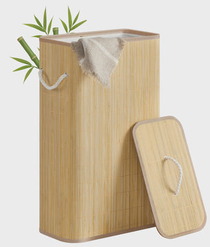 Songmics Bamboe Wasmand met Deksel - 60L, Opvouwbaar, Natuurlijk