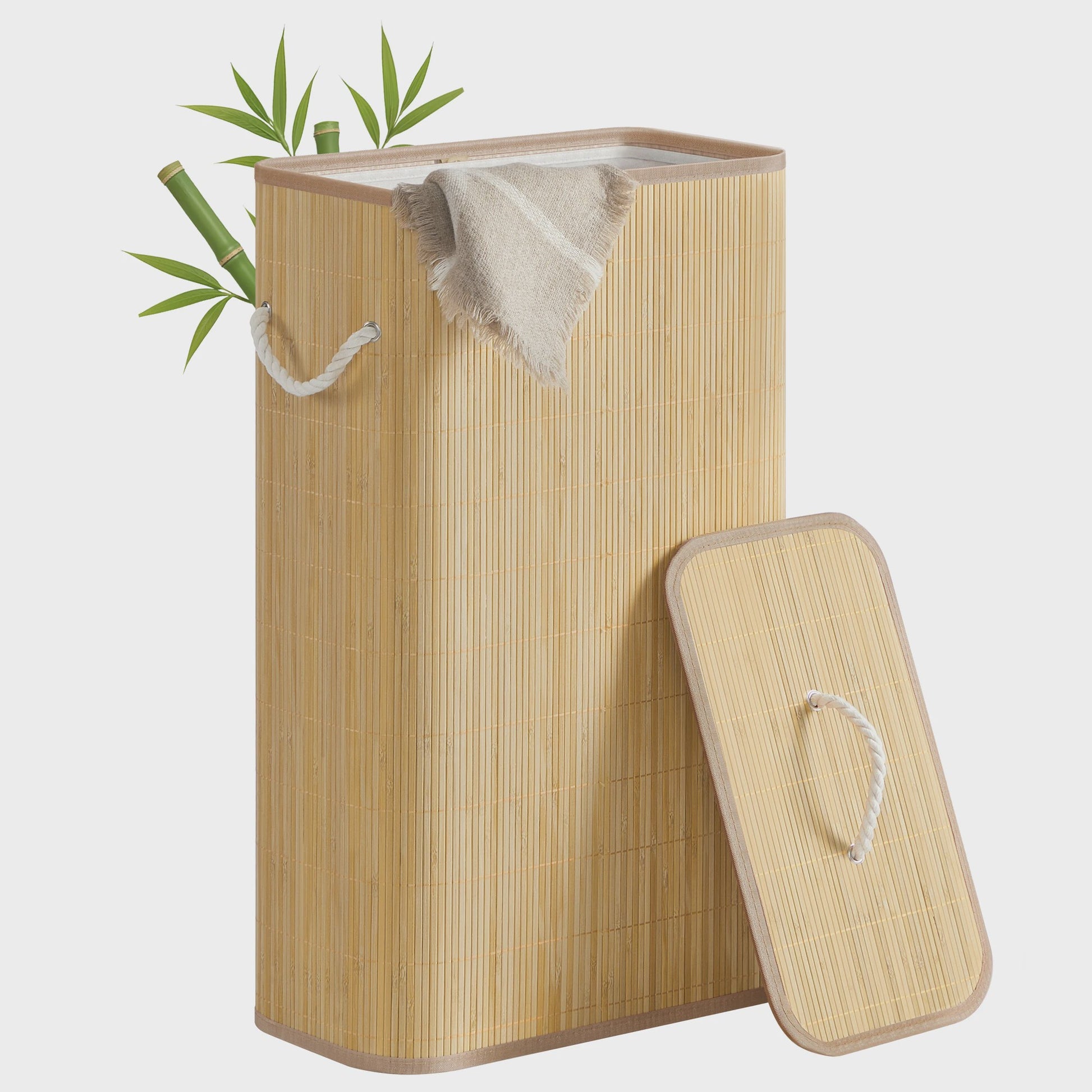 Songmics Bamboe Wasmand met Deksel - 60L, Opvouwbaar, Natuurlijk