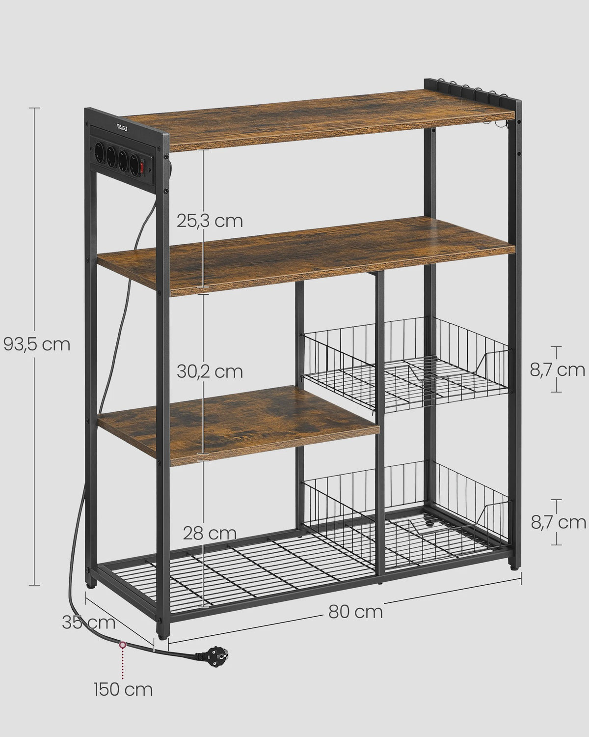 Keukenrek met Stopcontacten, 2 Metalen Manden en Magnetronplank - Industrieel Design
