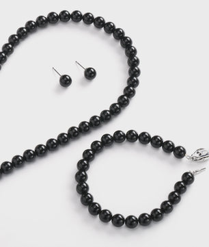 Elegante Zwarte Parel Sieradenset: Ketting, Armband & Oorbellen in Cadeaubox