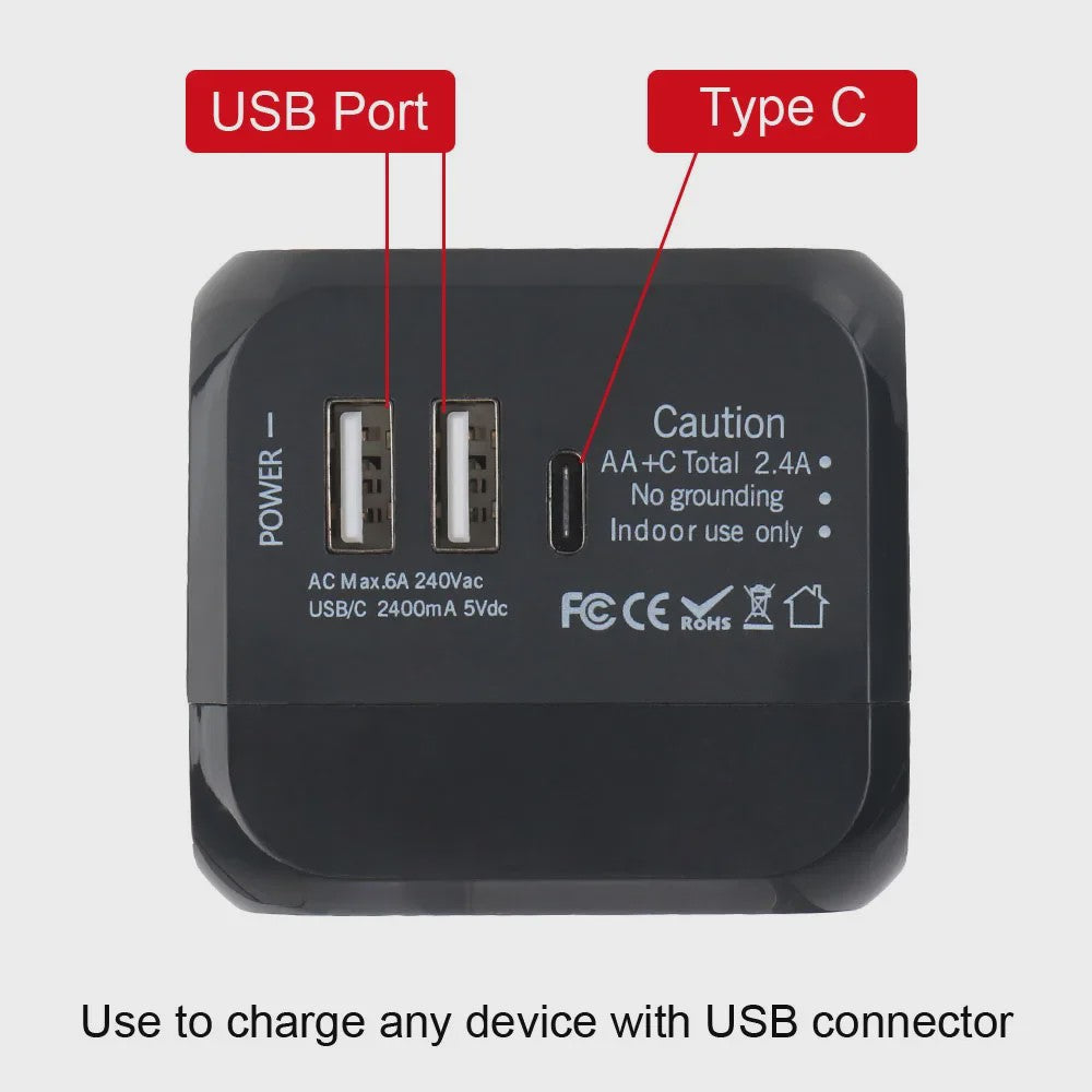 Universele Reisadapter met 2 USB & 1 Type-C Poort - EU, UK, US, AU Stekkers