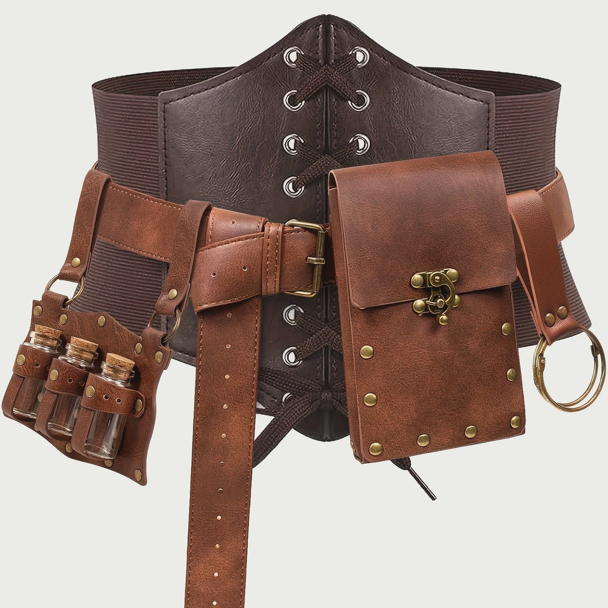 Middeleeuwse Riem Set met Corset, Pouch en Flesjes - Renaissance & Festival Accessoires