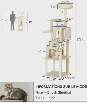 PawHut Luxe Kattenboom met Krabpalen, 6 Plateaus en 2 Knusse Niche Huizen - Beige