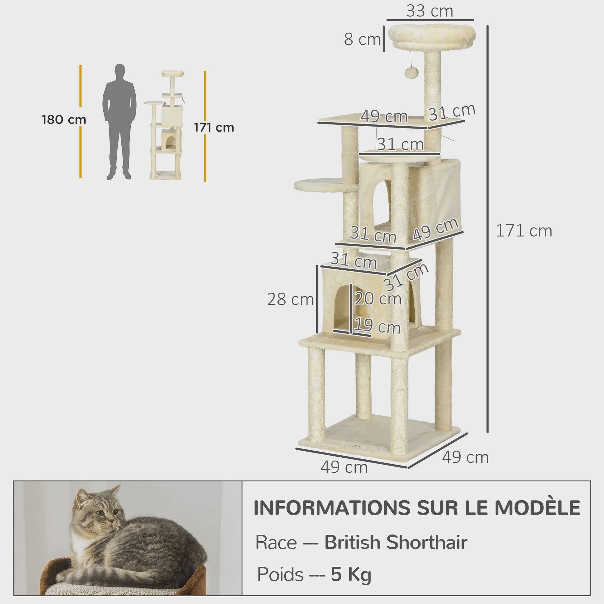 PawHut Luxe Kattenboom met Krabpalen, 6 Plateaus en 2 Knusse Niche Huizen - Beige