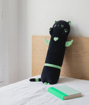 Kawaii Zwarte Kat Pluche Knuffelkussen met Vleugels - Extra Lang Slaapkussen voor Bank of Bed
