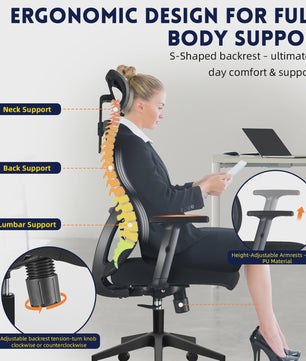 Ergonomische Bureaustoel met Hoge Rugleuning, Verstelbare Hoofdsteun en 150kg Draagkracht