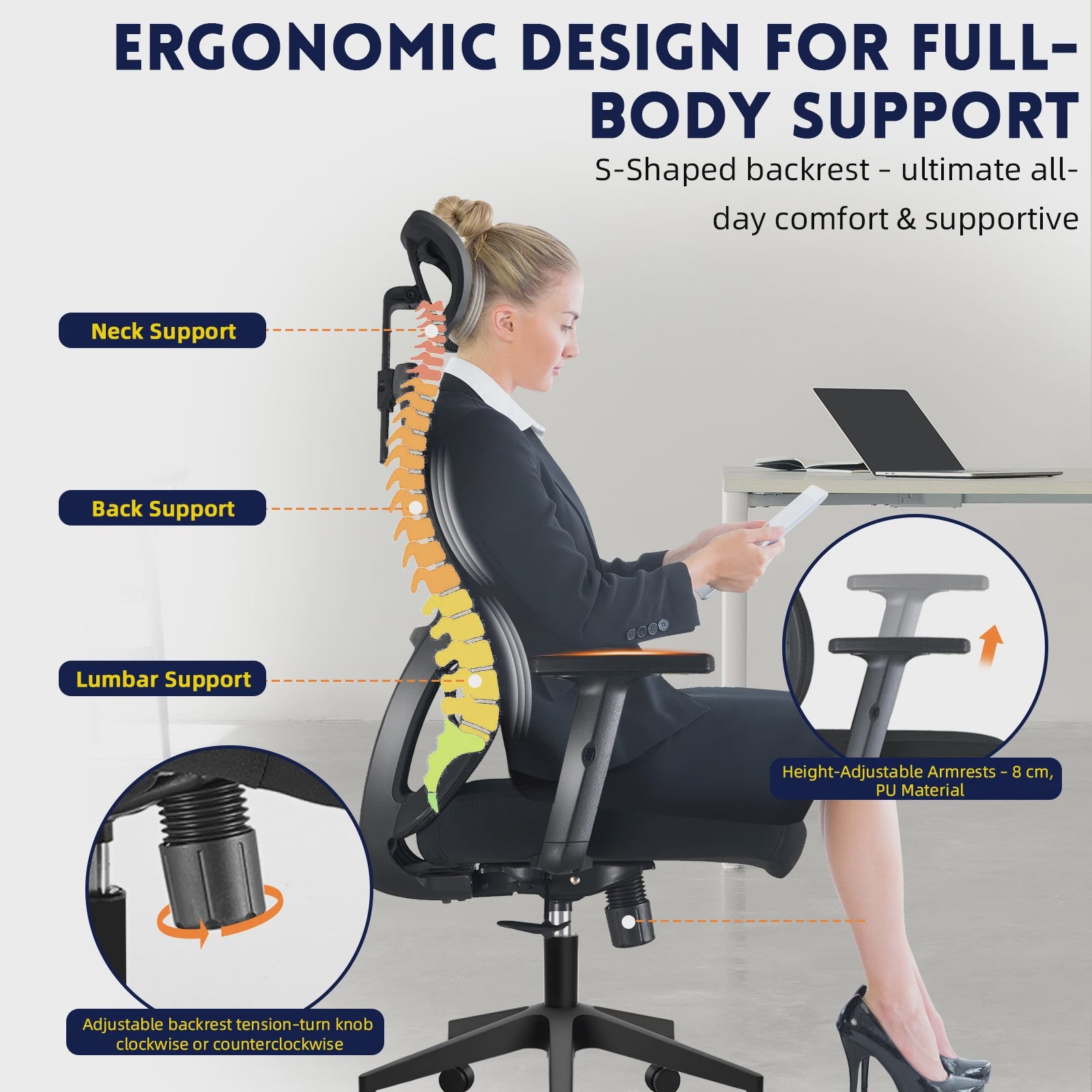 Ergonomische Bureaustoel met Hoge Rugleuning, Verstelbare Hoofdsteun en 150kg Draagkracht