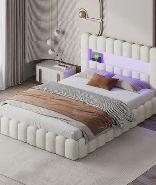 Luxe Gestoffeerd Dubbel Bed met LED Verlichting en USB Poort - Zonder Matras