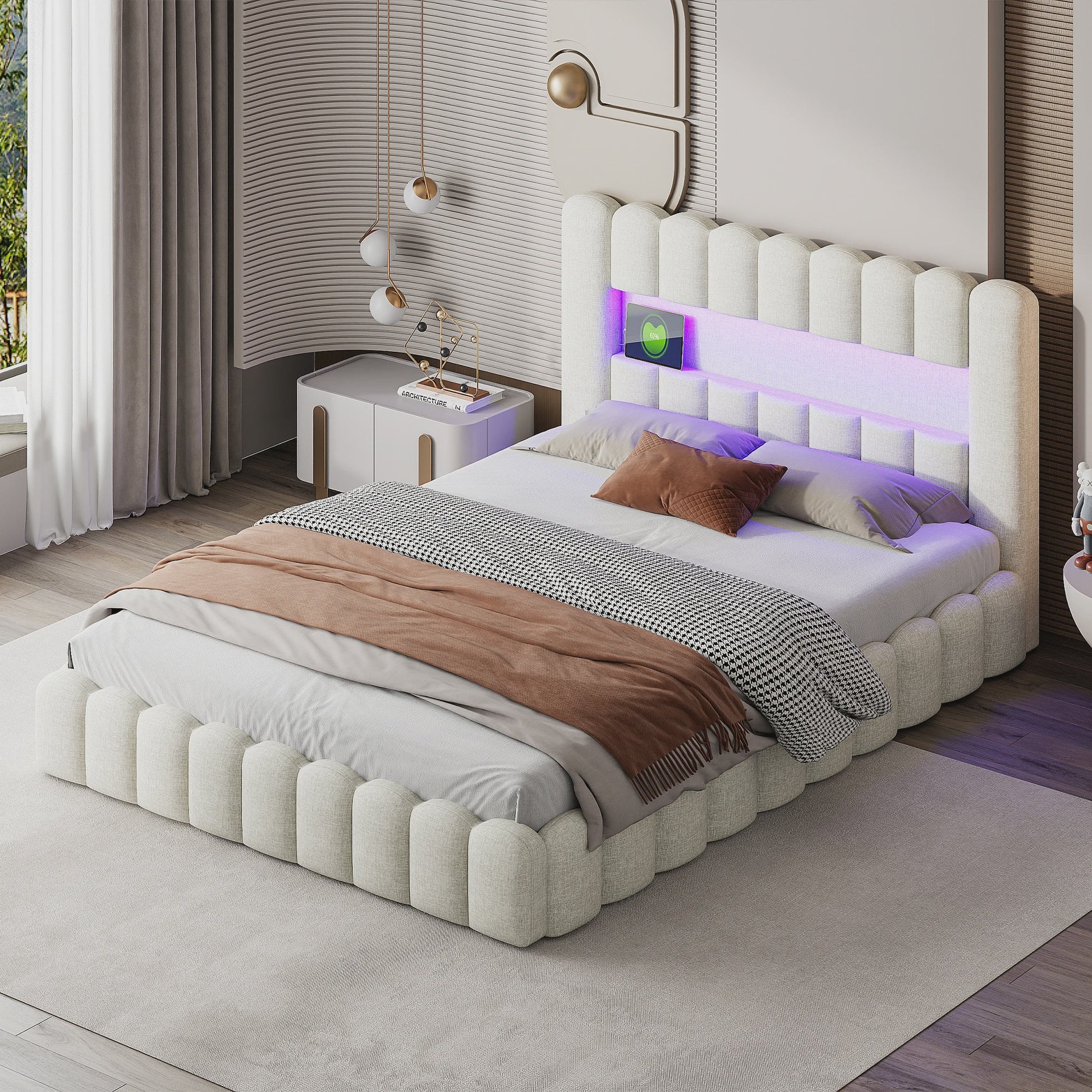 Luxe Gestoffeerd Dubbel Bed met LED Verlichting en USB Poort - Zonder Matras