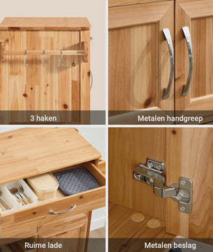 SoBuy FKW45 Keukentrolley met Werkblad - Massief Hout, Serveerwagen met Wielen - 75x86x38cm