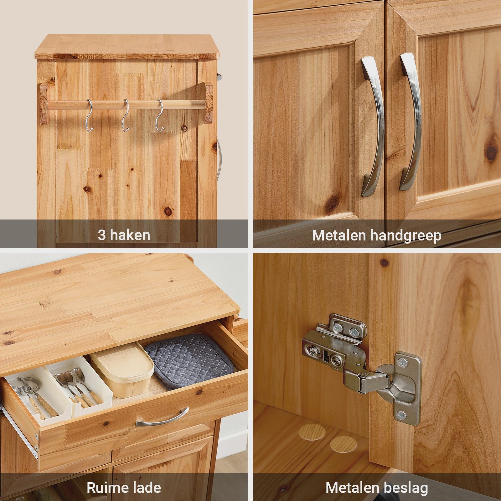 SoBuy FKW45 Keukentrolley met Werkblad - Massief Hout, Serveerwagen met Wielen - 75x86x38cm