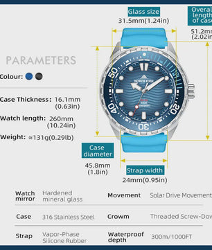 NORTH EDGE TRITON Heren Duikhorloge - Solar Powered, 300M Waterdicht, RVS