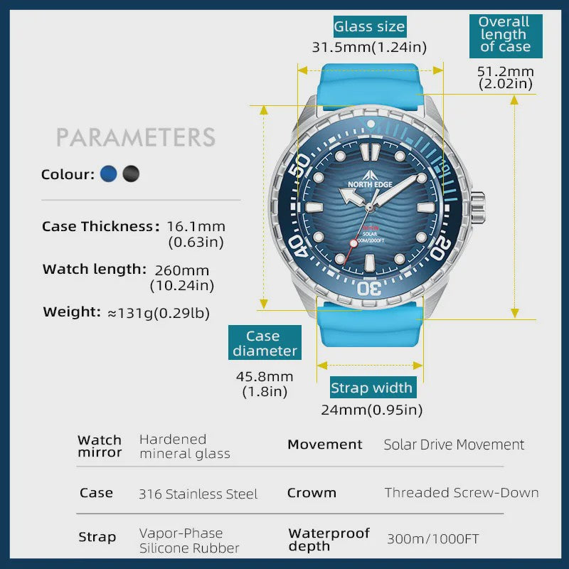 NORTH EDGE TRITON Heren Duikhorloge - Solar Powered, 300M Waterdicht, RVS