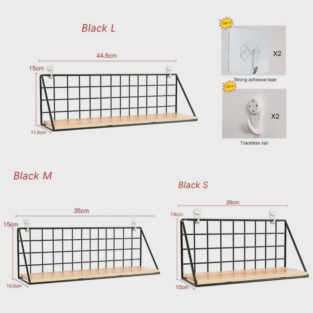 Draadmand Wandplank Set - Zonder Boren - Hout & Metaal - Decoratief & Opbergrek