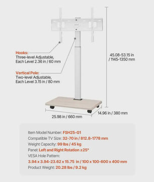Verrijdbare TV Standaard met Draaibare Mount, In Hoogte Verstelbaar & Plank