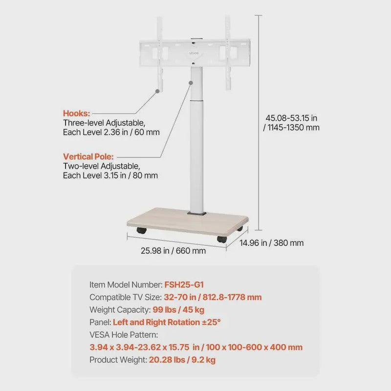 Verrijdbare TV Standaard met Draaibare Mount, In Hoogte Verstelbaar & Plank