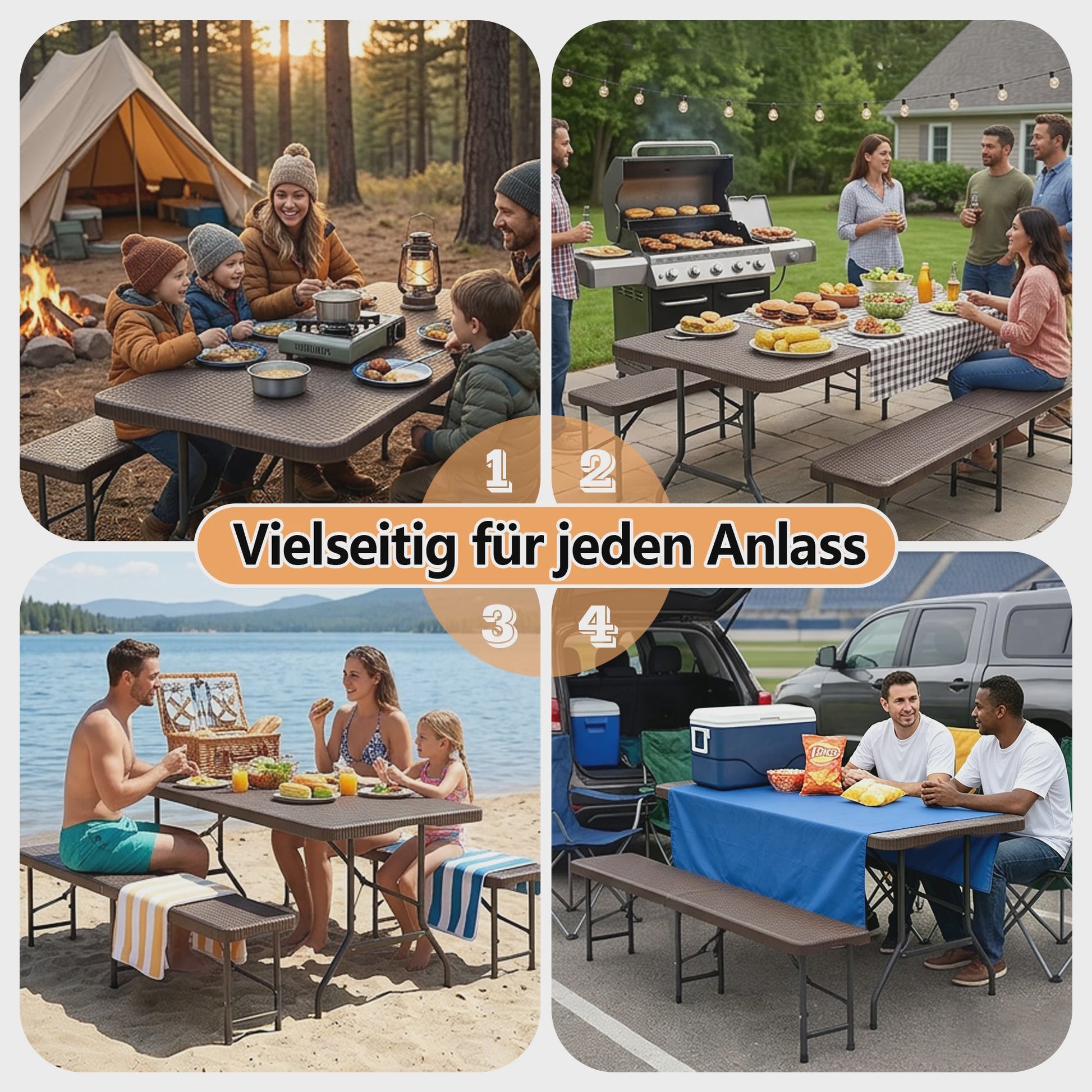 Opvouwbare Picknicktafel Set met 2 Banken - 180cm HDPE, UV-bestendig, Bruin