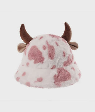 Warme Koeienprint Bucket Hat met Hoorns - Fleece Gevoerd & Verdikt voor de Winter
