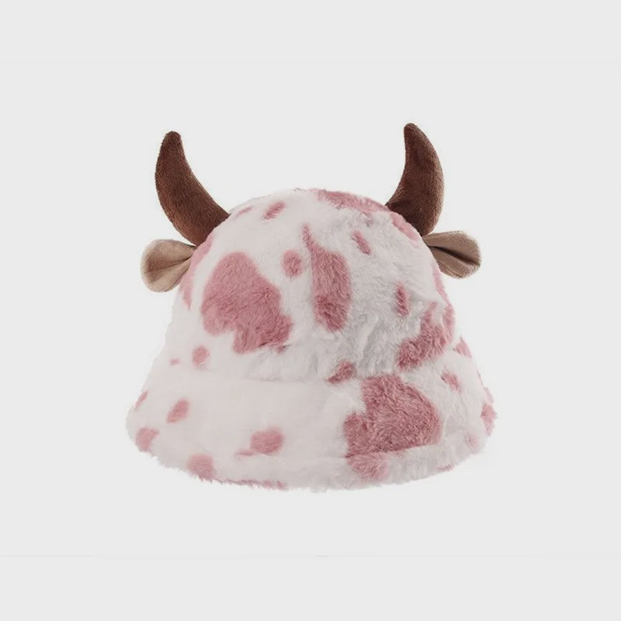 Warme Koeienprint Bucket Hat met Hoorns - Fleece Gevoerd & Verdikt voor de Winter