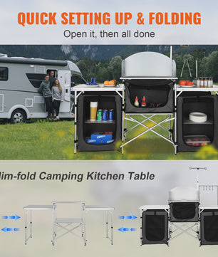 Opvouwbare Camping Keukentafel met Opbergkastjes en Windscherm - Aluminium