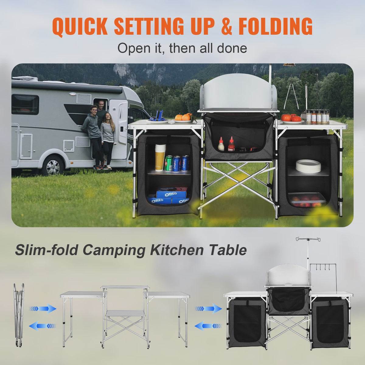 Opvouwbare Camping Keukentafel met Opbergkastjes en Windscherm - Aluminium