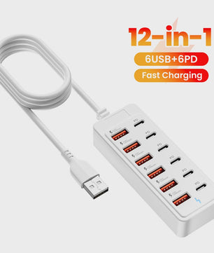 12-in-1 USB Laadstation met 6x USB-C PD en 6x USB-A | Snellader voor Desktop & Wand