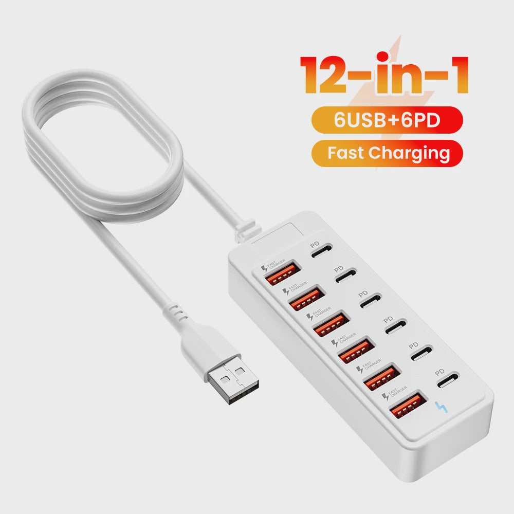 12-in-1 USB Laadstation met 6x USB-C PD en 6x USB-A | Snellader voor Desktop & Wand