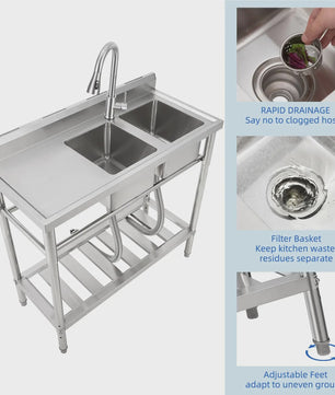 RVS Dubbele Spoelbak met Kraan - Professionele Werkbank Spoeltafel