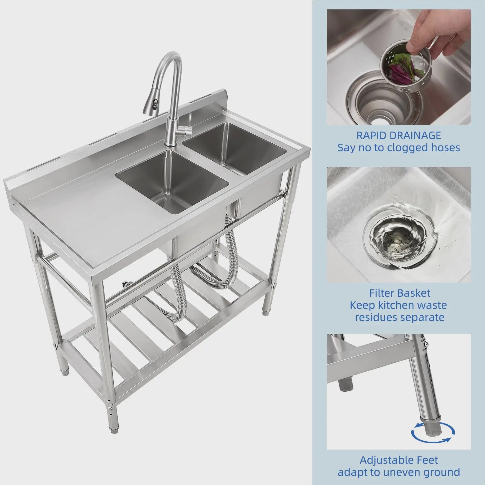 RVS Dubbele Spoelbak met Kraan - Professionele Werkbank Spoeltafel