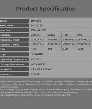 Netac NV3000 NVMe M.2 SSD - 3500MB/s PCIe 3.0 - 250GB, 500GB, 1TB, 2TB - Voor Laptop & Desktop