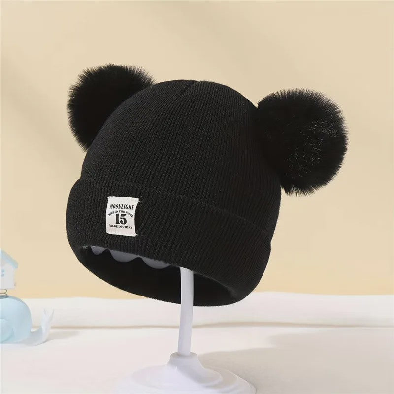 Warme Gebreide Babymuts met Dubbele Pompon - Winter Muts voor Jongens en Meisjes