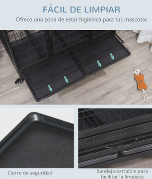 PawHut Metalen Hondenkennel met Wielen en Uitneembare Lade - 92x62x75cm