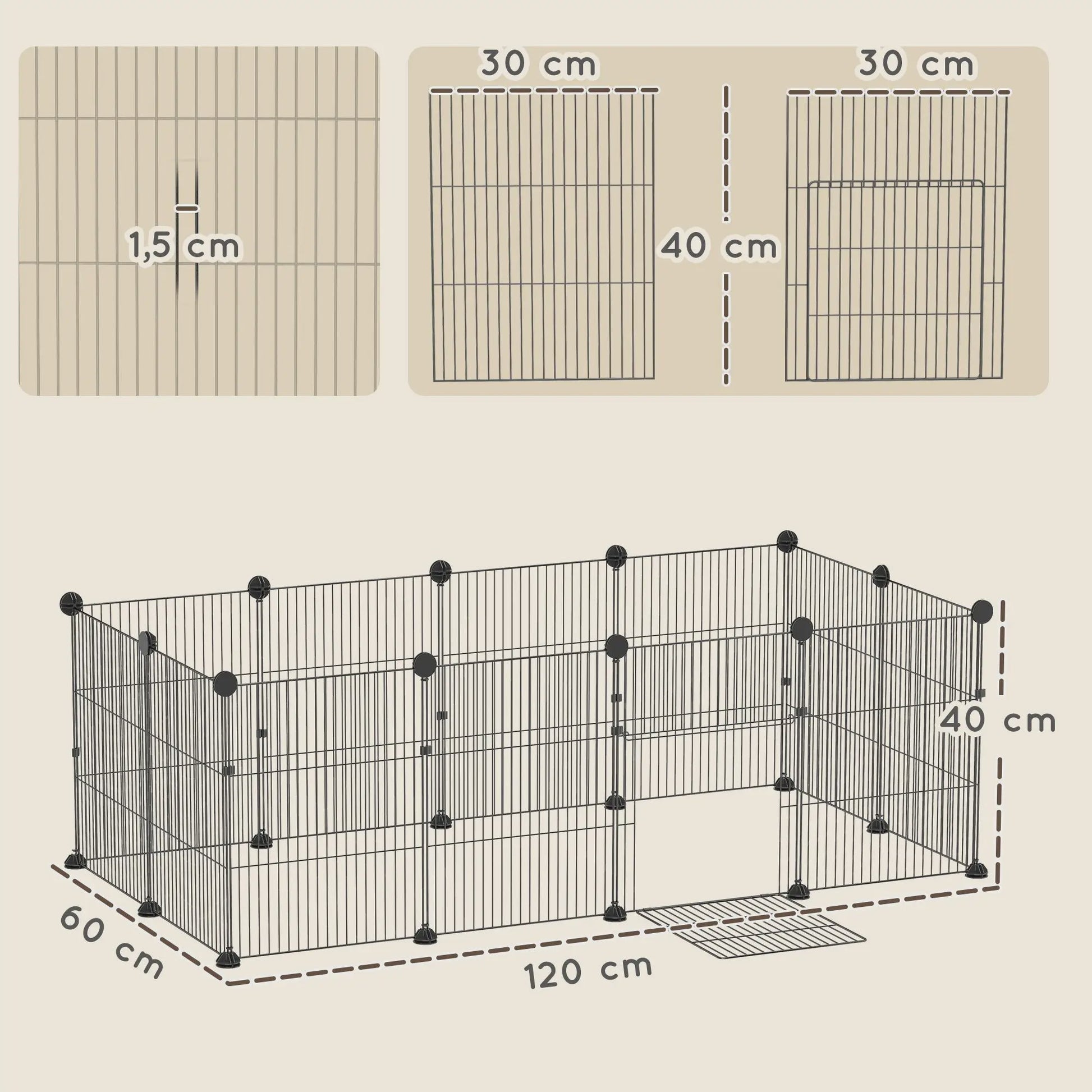 Metalen Dierenren met 12 Panelen - Waterdichte Bodem - 120x60x40 cm - Zwart